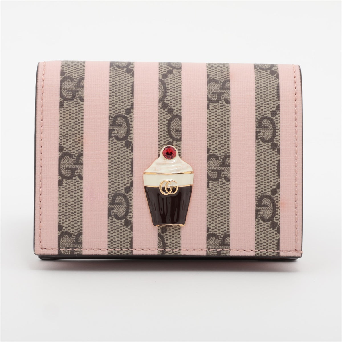 Gucci GG Supreme Leather Stripe Compact Wallet Beige×Pink